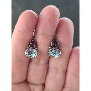 Boma 925 Sterling Silver Blue Topaz and Amethyst Dangling Pierced Earrings